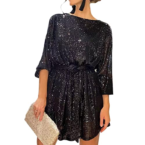 Damen Langarm Pailletten Glitzer Kleid Party Sparkle Loose Fit Shift Mini Kurzes Kleid mit Gürtel, Schwarz , L von FeMereina