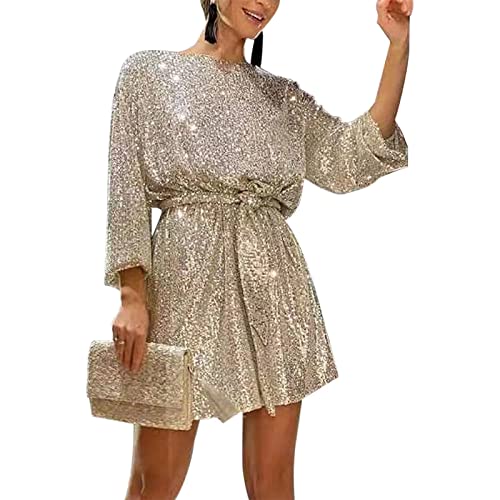 Damen Langarm Pailletten Glitzer Kleid Party Sparkle Loose Fit Shift Mini Kurzes Kleid mit Gürtel, goldfarben, L von FeMereina