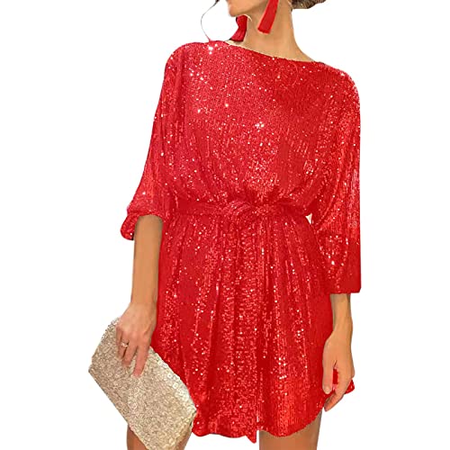 Damen Langarm Pailletten Glitzer Kleid Party Sparkle Loose Fit Shift Mini Kurzes Kleid mit Gürtel, rot, L von FeMereina