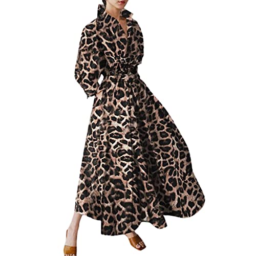 Maxi-Hemdkleid für Damen, lange Ärmel, Knopf, gesmokte Taille, langes Kleid, lockeres Swing-Partykleid mit Taschen, Coffee Leopard, X-Large von FeMereina