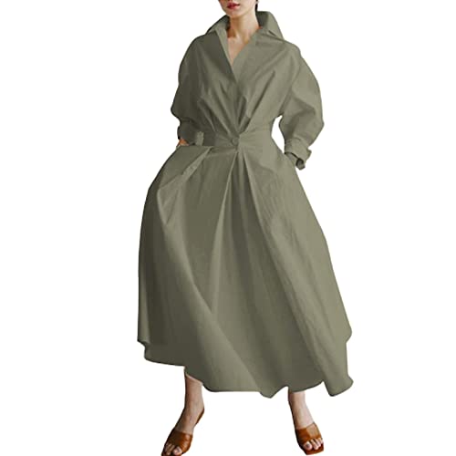 Maxi-Hemdkleid für Damen, lange Ärmel, Knopf, gesmokte Taille, langes Kleid, lockeres Swing-Partykleid mit Taschen, Pea Green, Medium von FeMereina