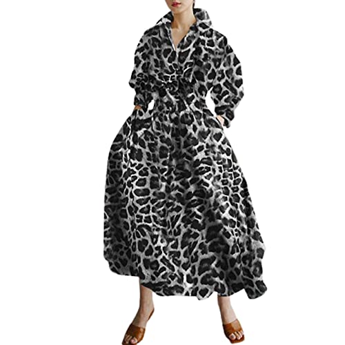 Damen Maxi Hemdkleid Langarm Knopf Gesmokte Taille Langes Kleid Lose Swing Partykleid mit Taschen, Schwarz Leopard, Small von FeMereina