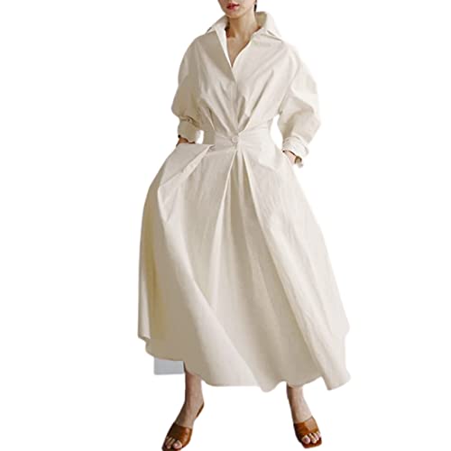 Maxi-Hemdkleid für Damen, langärmelig, Knopfleiste, gesmokte Taille, langes Kleid, lockeres Swing-Partykleid mit Taschen, beige, L von FeMereina