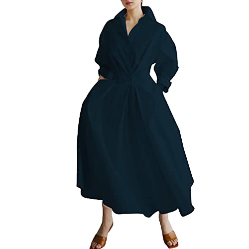 Maxi-Hemdkleid für Damen, langärmelig, Knopfleiste, gesmokte Taille, langes Kleid, lockeres Swing-Partykleid mit Taschen, navy, L von FeMereina
