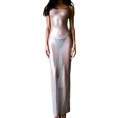 Damen-Maxikleid mit transparenten Spaghetti-Trägern, ärmellos, schmale Passform, durchscheinendes Netzgewebe, langes Kleid, Bikini-Überzug, Strand-Badeanzug, silber, L von FeMereina