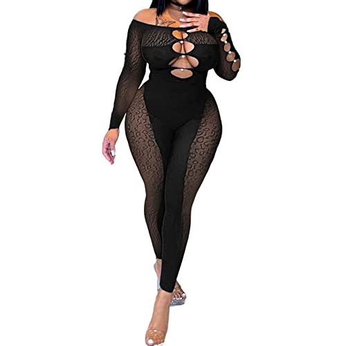 Damen Mesh See Though Jumpsuit Off Shoulder Low Cut Front Hollow Out Sheer Skinny Playsuit Langarm Einteiler Club Body, Schwarz , 36 von FeMereina