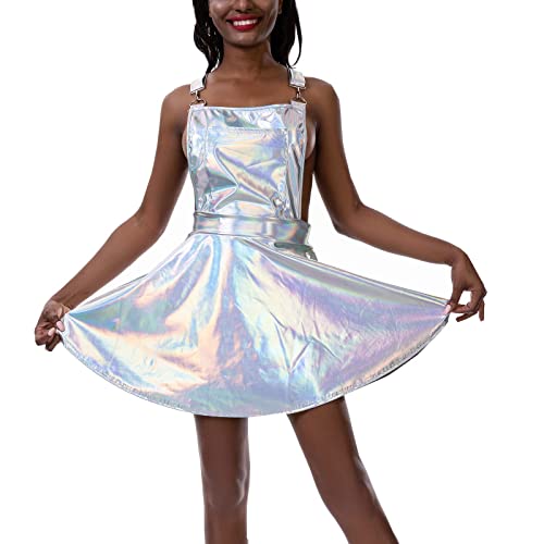 Damen Metallic Ärmellos Hohe Taille Holographisches Partykleid Glänzend Metallic Skater Minikleid Festival Rave Outfits, B, X-Large von FeMereina