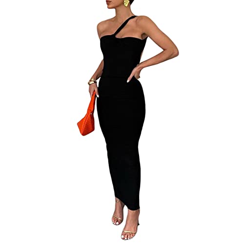 Damen One Shoulder Cutout Gerafft Bodycon Kleid Ärmellos Rückenfrei Solid Slim Maxikleid Cocktail Party Hochzeit Kleider, Schwarz , Small von FeMereina