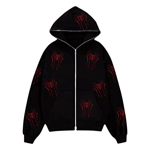 Damen Oversized Zip Up Hoodie Fashion Langarm Grafik Brief Print Sweatshirt Punk Jacken Streetwear Goth Harajuku Outwear, Schwarze, rote Spinne, 36 von FeMereina