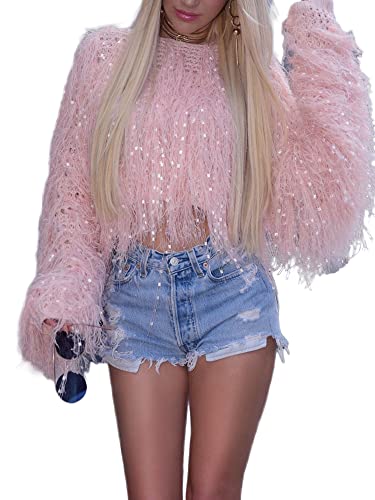 Damen Pailletten Cropped-Pullover Langarm Rundhals Kunstfell Fransen Oversized Crop Tops Quaste Strickpullover, rose, M von FeMereina
