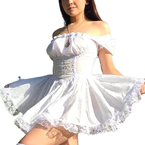 Damen Prinzessin Puffkleid Retro Mesh Rüschen Lolita Schulterfrei Quadratischer Kragen A Linie Lose Slim Bubble Tüll Minikleid, F Weiß, Small von FeMereina