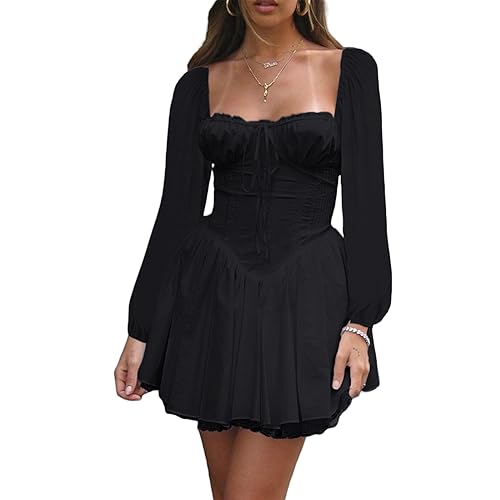 Damen Puffärmel Schulterfrei Minikleid Quadratischer Ausschnitt Rüschen A Linie Flowy Korsett Strandkleid Sommer Gesmoktes Sommerkleid, Schwarz , L von FeMereina