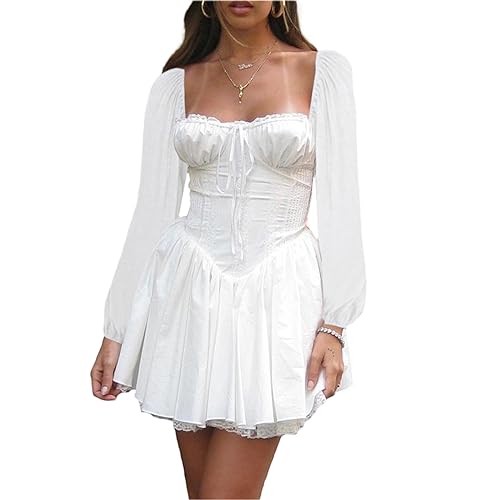 Damen Puffärmel Schulterfrei Minikleid Quadratischer Ausschnitt Rüschen A Linie Flowy Korsett Strandkleid Sommer Gesmoktes Sommerkleid, weiß, Small von FeMereina