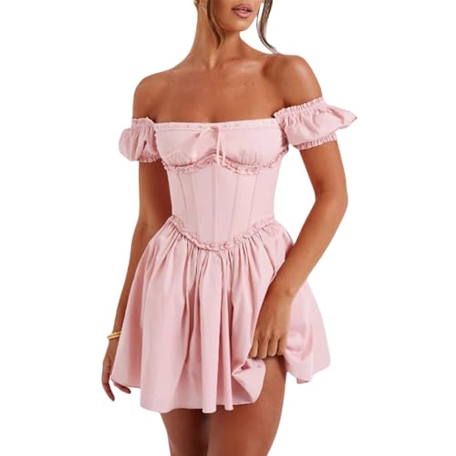 Damen Schulterfrei Puff Kurzarm Rüschen Hohe Taille Sommer Minikleid Rückenfrei Korsett A-Linie Kleid Y2K Streetwear, rose, Small von FeMereina