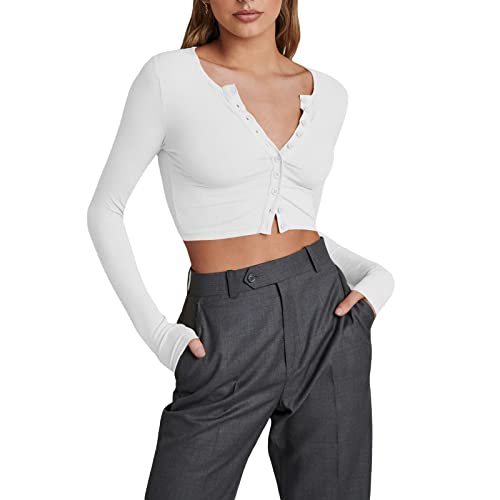 Damen Slim Fit KnittedCrop Tops Einfarbig Basic Langarm Rundhals Cropped Tops Cutout Pullover Shirt Y2K Streetwear, Weiß#3, Small von FeMereina