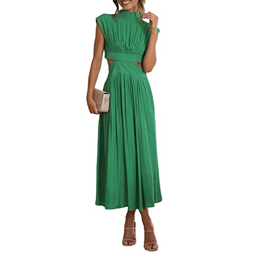 Damen Sommer Ärmelloses Maxikleid Stehkragen Rückenfrei Cutout Sommerkleid Hohe Taille Plissee Flowy A-Linie Langes Kleid, grün, L von FeMereina