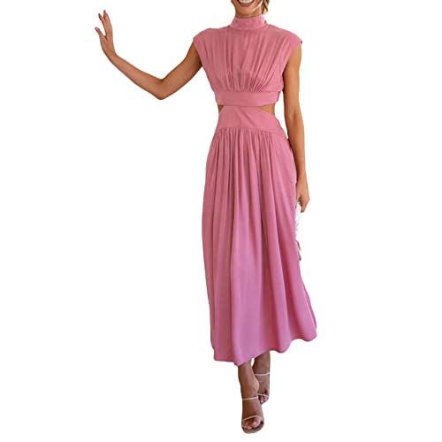 Damen Sommer Ärmelloses Maxikleid Stehkragen Rückenfrei Cutout Sommerkleid Hohe Taille Plissee Flowy A-Linie Langes Kleid, rose, Medium von FeMereina