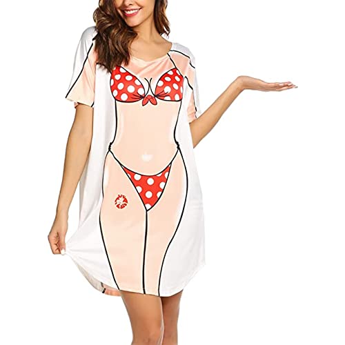 Damen Sommer Badeanzug Cover Up Cute Beach Bikini Shirt Print Beachwear Badeanzug Coverups Fun Dress, Rot mit weißen Punkten, X-Large von FeMereina