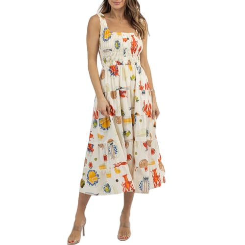 Damen Sommer Blumen Boho Kleid Quadratischer Ausschnitt Gesmokt Swing A Linie Strand Lang Maxikleid, mehrfarbig, L von FeMereina