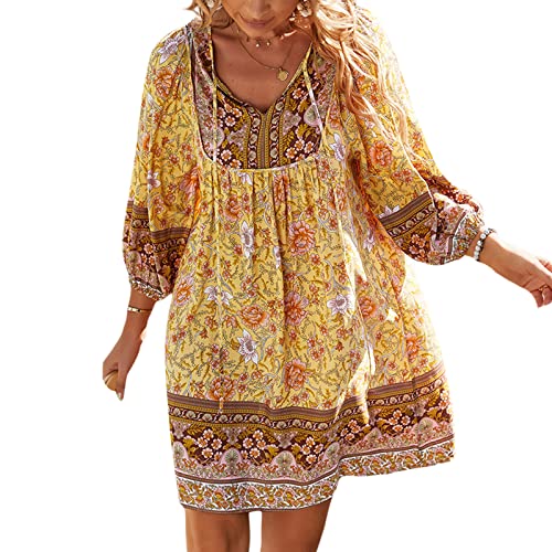 Damen Sommer Boho Strand Minikleid Blumendruck Quaste Krawatte V Ausschnitt Kurzarm Flowy Rüschen Bohemian Kleid Loose Fit Ethno Style Etuikleid, W-gelb, X-Large von FeMereina