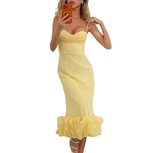 Damen Sommer Rüschen Midikleid Ärmellos Meerjungfrau Puffy Formal Kleid Spaghettiträger Rückenfrei Bodycon Flare Langes Kleid Y2K Streetwear, gelb, L von FeMereina