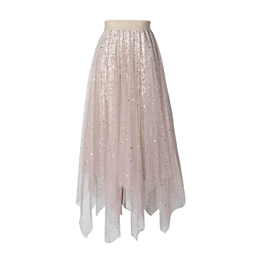 Damen Tutu Rock Tüll Mesh Layered Midi Rock Glänzend Stern Pailletten Elastisches Mesh Prinzessin Rock A-Linie Fee Abschlussball Party Streetwear, aprikose, Einheitsgröße von FeMereina