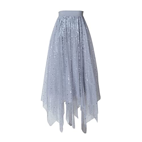 Damen Tutu Rock Tüll Mesh Layered Midi Rock Glänzend Stern Pailletten Elastisches Mesh Prinzessin Rock A-Linie Fee Abschlussball Party Streetwear, grau, Einheitsgröße von FeMereina