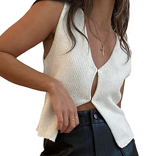 Damen Y2K Button Down Strickweste Einfach Einfarbig Ärmellos V-Ausschnitt Häkeln Strick Crop Tops Hollow Out Cardigan Streetwear, weiß, L von FeMereina