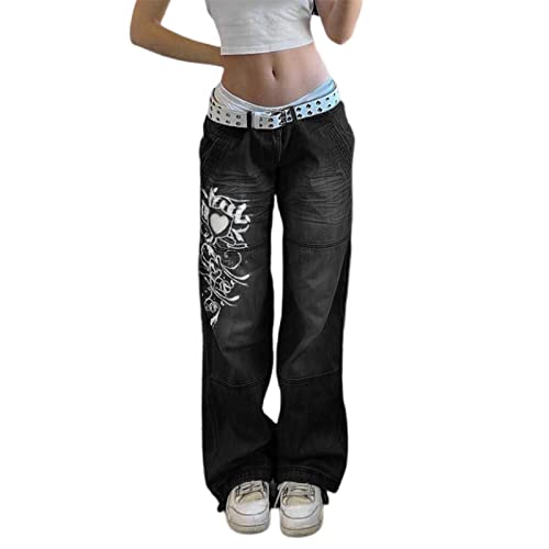 Damen Y2K Low Waist Jeans Gothic Baggy Denim Flare Hose Weites Gerades Bein Lose Casual Gothic Hose Streetwear, Z3, L von FeMereina