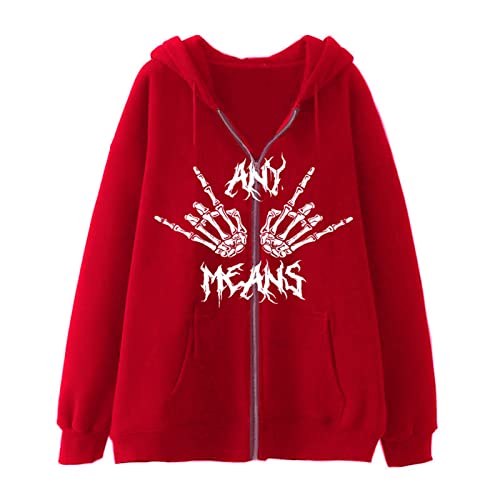 Damen Y2k Zip Up Hoodies Langarm Grafik Star Print Kapuzenjacke Oversized Goth Harajuku Sweatshirt Punk Grunge Streetwear, Red Hand Bone, 36 von FeMereina