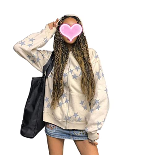 Damen Y2k Zip Up Hoodies Langarm Grafik Stern Print Kapuzenjacke Oversized Goth Harajuku Sweatshirt Punk Grunge Streetwear, B, 36 von FeMereina