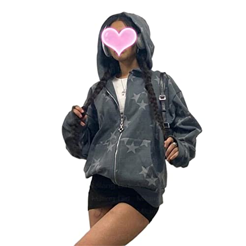 Damen Y2k Zip Up Hoodies Langarm Grafik Stern Print Kapuzenjacke Oversized Goth Harajuku Sweatshirt Punk Grunge Streetwear, a, 38 von FeMereina