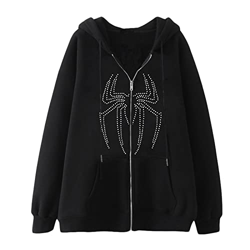 Damen Zip Up Hoodie Strass Skelett Spinne Langarm Sweatshirts Oversized Pullover Jacke Harajuku Causal Halloween Cardigan, C, 42 von FeMereina