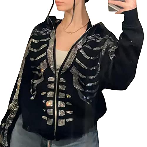 Damen Zip Up Strass Hoodies Vintage Grafik Skelett Druck Kapuzenpullover Ästhetische Oversized Jacken Halloween Streetwear, Schwarz , 36 von FeMereina