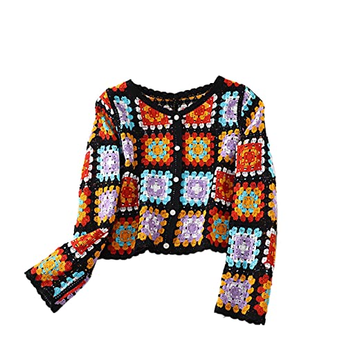 Damen gehäkelte Knopfleiste Strickjacke Strickpullover Langarm V-Ausschnitt aushöhlen Pullover Strand Floral Cover Up, Schwarzes Quadrat, One size von FeMereina