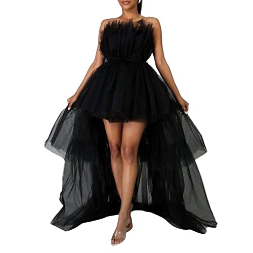 Damen gestuftes Hoch Niedrig Abschlussballkleid Schleife Schärpe Tüll Homecoming Festzug Kleider Schulterfrei Rüschen Tutu Lang Puffy Gown, Schwarz , Medium von FeMereina