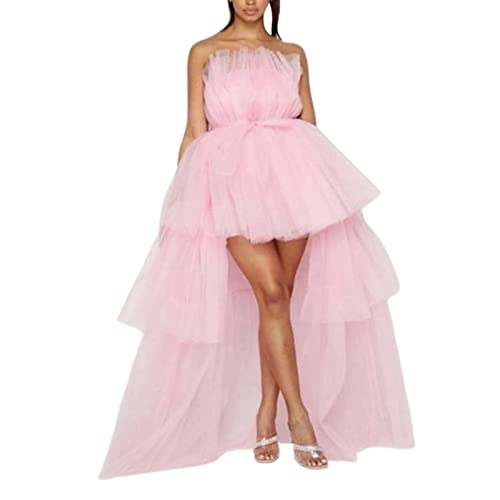 Damen gestuftes Hoch Niedrig Abschlussballkleid Schleife Schärpe Tüll Homecoming Festzug Kleider Schulterfrei Rüschen Tutu Lang Puffy Gown, rose, Small von FeMereina