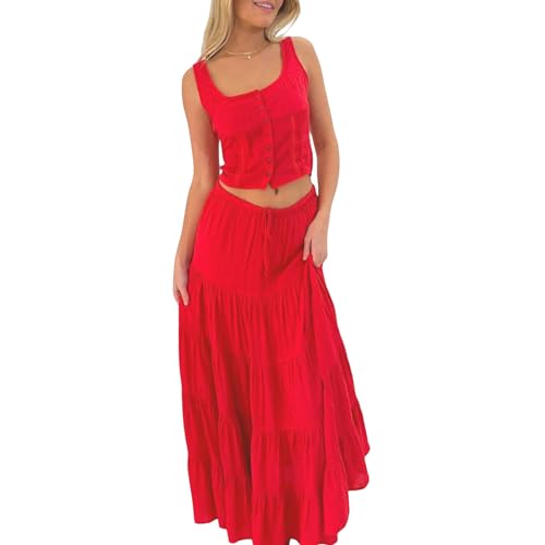 FeMereina 2-teiliges Maxirock-Set für Damen, ärmellos, Button-Down-Tanktop und fließender langer Rock, Sommer-Strand-Outfit, rot, Medium von FeMereina