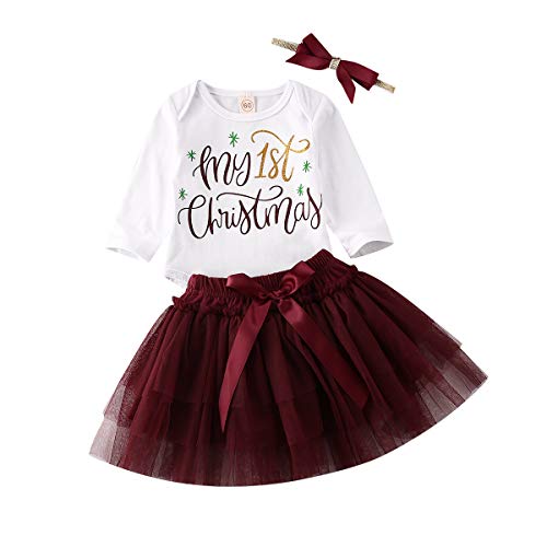 FeMereina Aby Mädchen My 1st Christmas Kostüm Outfits Weihnachtsmann Print Langarm Kurzarm Strampler Bodysuit Tutu Rock Stirnband 3 Stück Xmas Kleidung Gr. 0-3 Monate , weiß von FeMereina