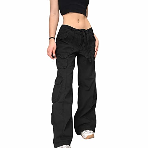 FeMereina Damen-/Mädchen-Cargohose mit hoher Taille, gerades weites Bein, Baggy-Jeans, Y2K, Gothic-Denim-Hose, Streetwear mit Taschen, a, S von FeMereina