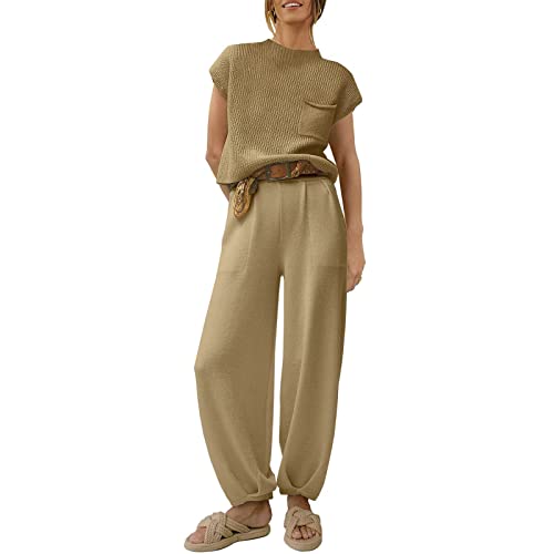 FeMereina Damen 2-teiliges Lounge-Set mit Stehkragen, lässig, kurzärmelig, Strickpullover, Oberteil, hohe Taille, weites Bein, Y2K Trainingsanzug, khaki, 42 von FeMereina