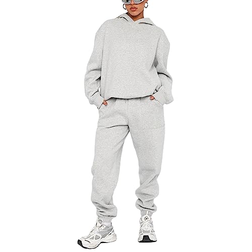 FeMereina Damen 2-teiliges Outfit Hoodie Sweatshirt Trainingsanzug & Oversized Jogger Sweatpants Y2K Sweatsuit Set, hellgrau, 38 von FeMereina