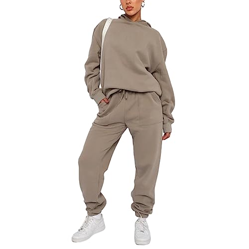 FeMereina Damen 2-teiliges Outfit Hoodie Sweatshirt Trainingsanzug & Oversized Jogger Sweatpants Y2K Sweatsuit Set, khaki, 38 von FeMereina