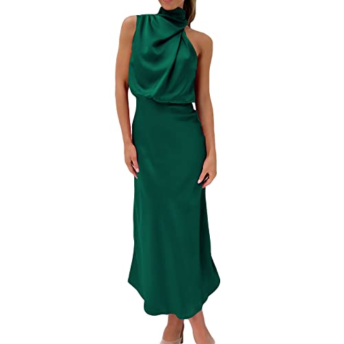 FeMereina Damen Ärmelloses Cocktailkleid mit Stehkragen, Schlüsselloch, elastische Taille, Party, Hochzeit, Gäste, Satin, hochgeteilt, Maxikleid, dunkelgrün, Small von FeMereina