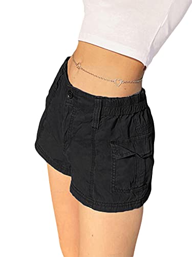 FeMereina Damen-Cargo-Shorts, einfarbig, Vintage, elastisch, lässig, figurbetont, Y2K, niedrige Taille, Denim-Shorts mit Taschen, Streetwear, blau, Medium von FeMereina