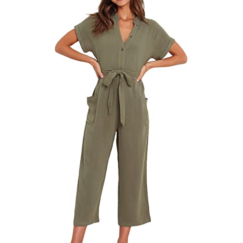 FeMereina Damen Casual Jumpsuit Strampler Kurzarm V-Ausschnitt Knopfverschluss Taille Krawatte Gerade Weit Bein Cropped Jumpsuits mit Taschen, armee-grün, X-Large von FeMereina