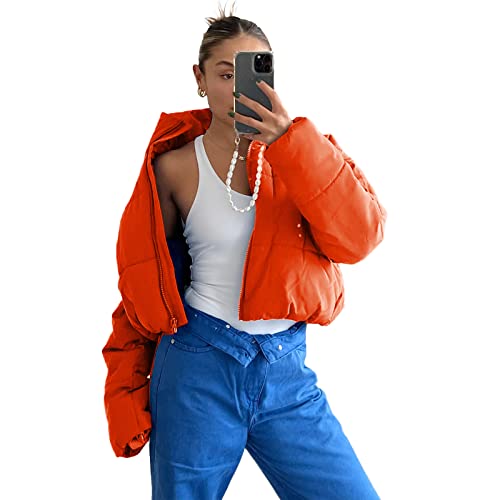 FeMereina Damen Crop Kurze Jacke Cropped Puffer Mode Jacken für Frauen Warm Winter Leichter Mantel, Orange-roter Mantel, 42 von FeMereina