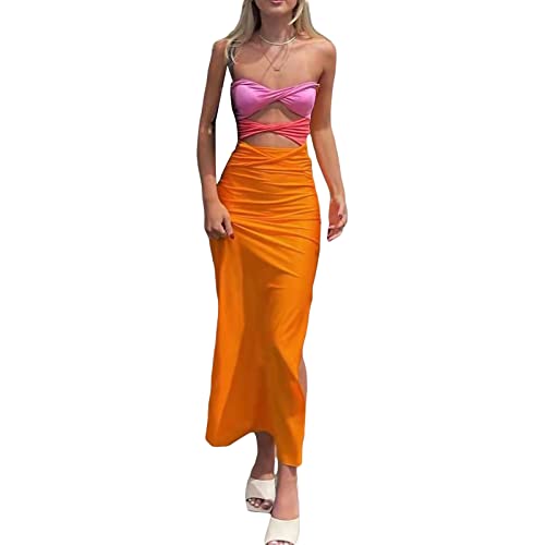 FeMereina Damen Cut Out Split Bodycon Maxikleid Schlitz Trägerlos Twist Front Kontrastfarbe Schlauchkleid Rückenfrei Ärmellos Hollow Out Lange Kleider, Orange, Small von FeMereina