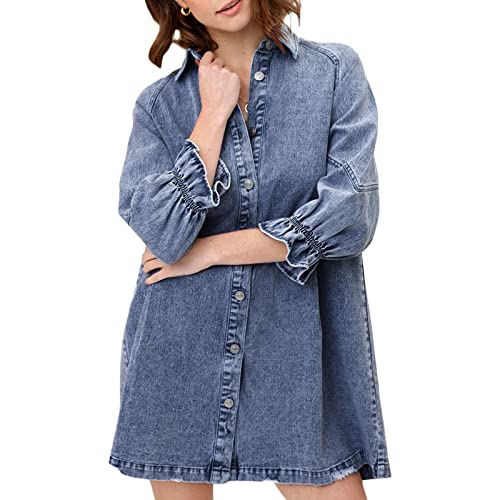 FeMereina Damen DenimLoose Shirt Kleider Button Down 3/4 Laternenärmel Casual Tunika Top Puffärmel Flowy Jeans Minikleid, Light Blue, Small von FeMereina