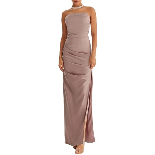 FeMereina Damen Elegant Trägerlos Schlauch Langes Kleid Sexy Low Cut High Split Bodycon Maxikleid Abend Cocktail Party Satin Kleid, rose, L von FeMereina